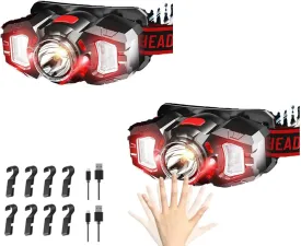 2 Headlamps, White&Red LED Headlamp, 70 Up&Down Adjustable, 4 Clips, Motion Switch, 800 Lumens, 500 Feet Distance and 10 Hours Running Time MAX, IPX5 Waterproof, for Camping, Hiking, Fishing
