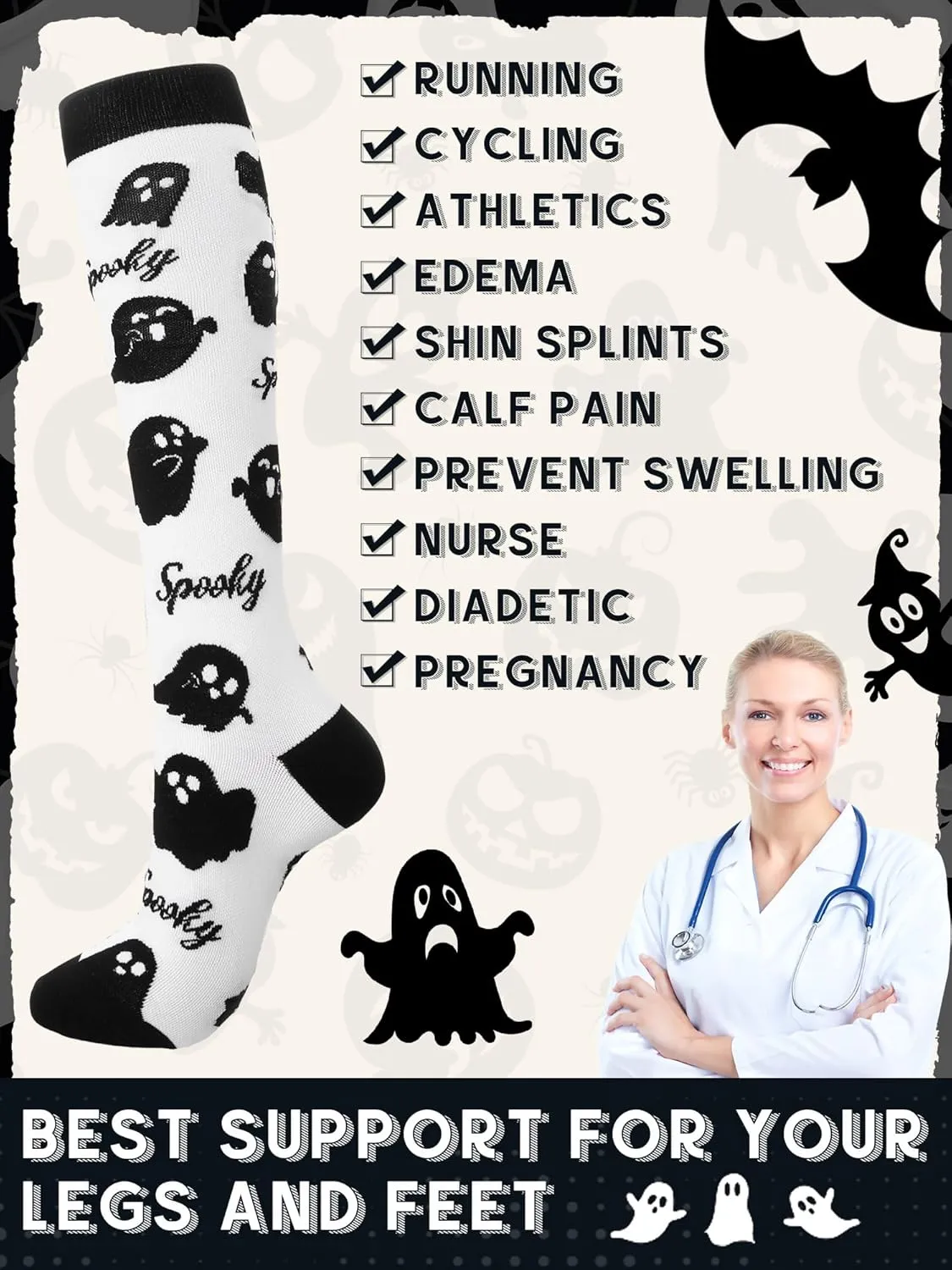 6 Pairs Skeleton Socks Women Men Goth Skull Knee High Compression Socks for Halloween Nurses Running