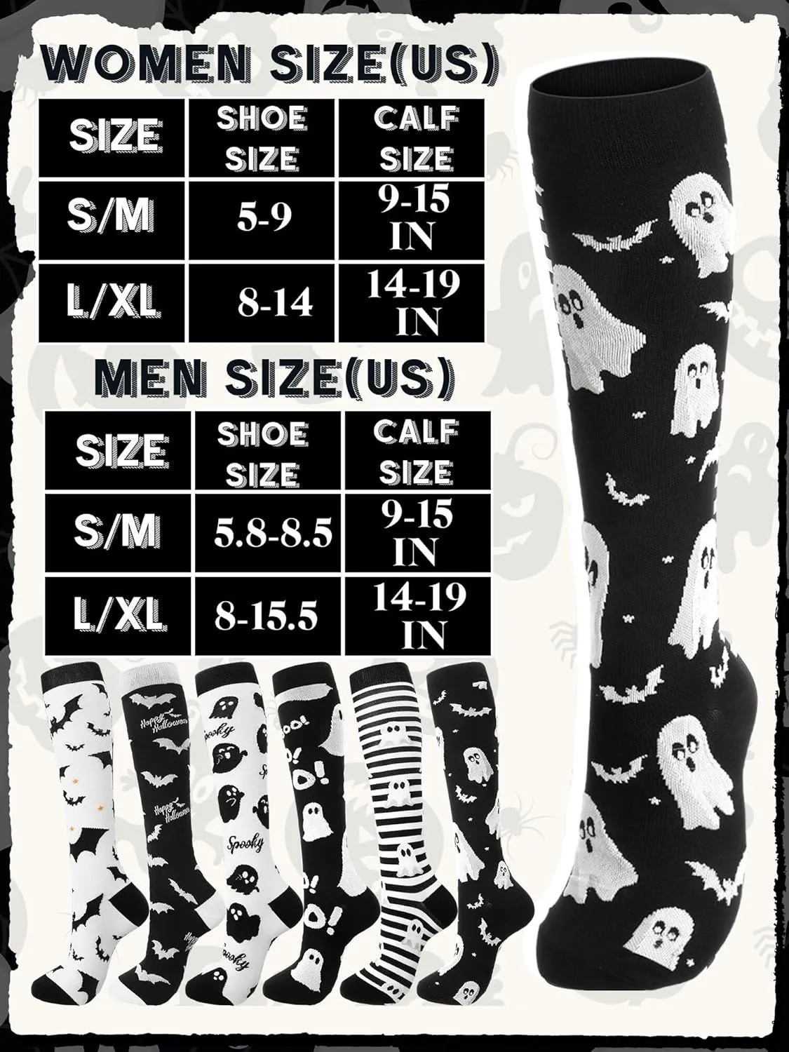 6 Pairs Skeleton Socks Women Men Goth Skull Knee High Compression Socks for Halloween Nurses Running