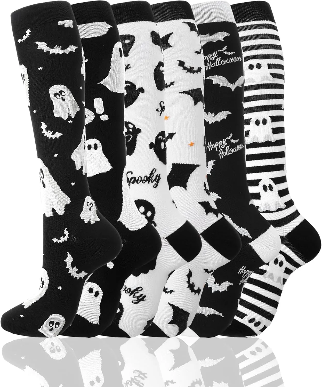 6 Pairs Skeleton Socks Women Men Goth Skull Knee High Compression Socks for Halloween Nurses Running