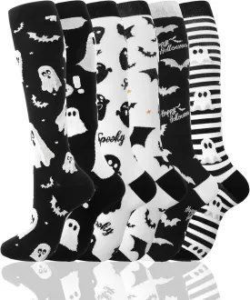 6 Pairs Skeleton Socks Women Men Goth Skull Knee High Compression Socks for Halloween Nurses Running