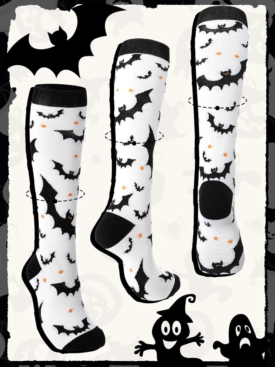 6 Pairs Skeleton Socks Women Men Goth Skull Knee High Compression Socks for Halloween Nurses Running