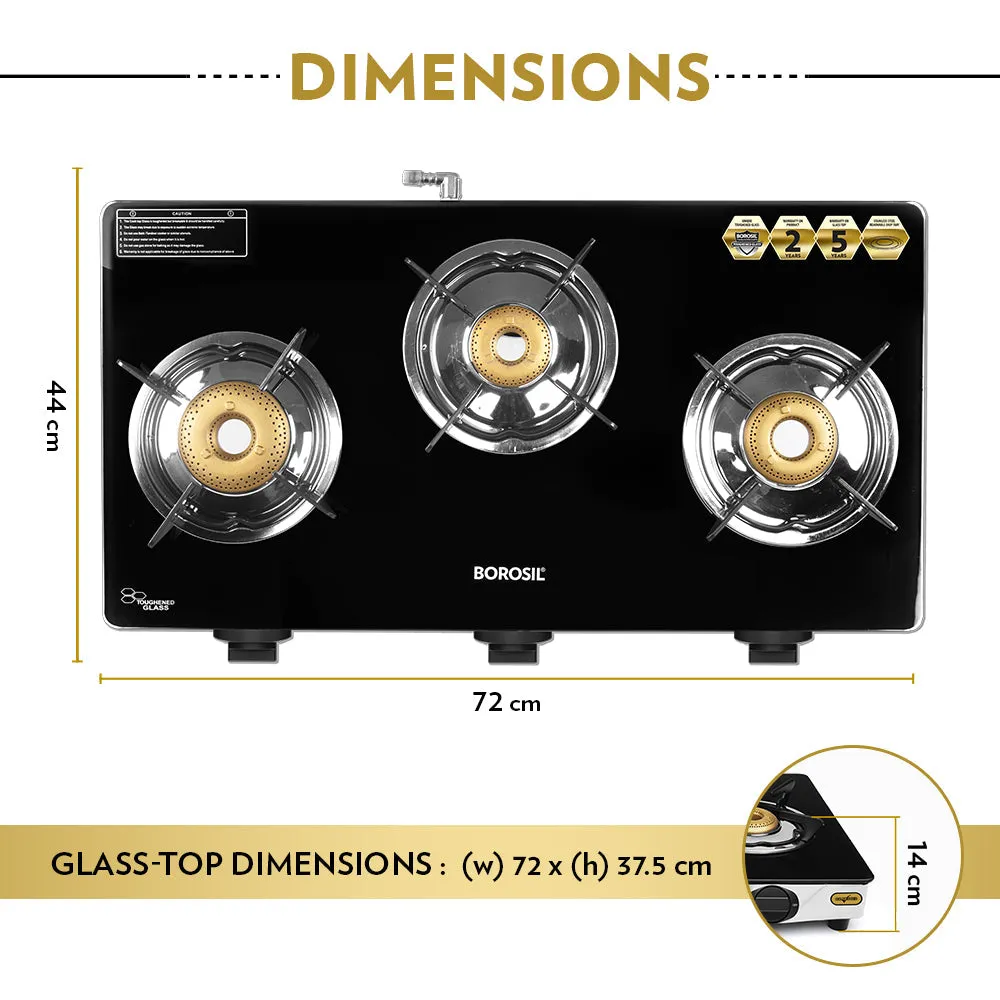 Borosil Blaze Glass-top Gas stove, 3 Burners