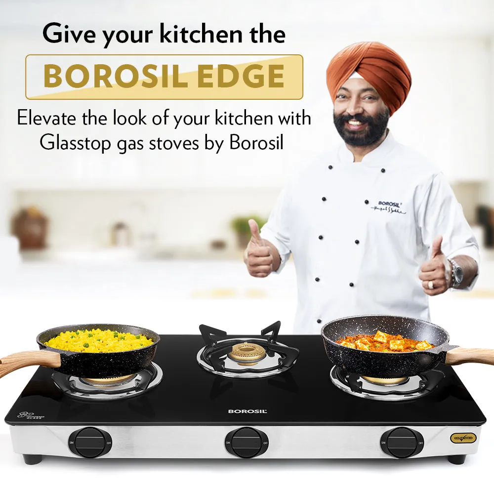 Borosil Blaze Glass-top Gas stove, 3 Burners