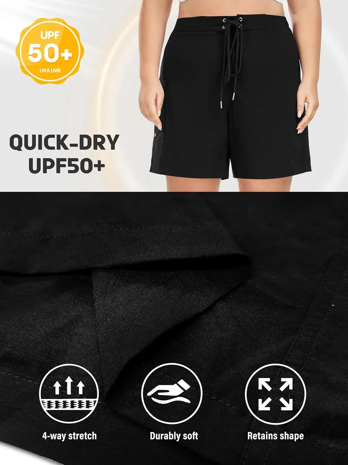 FOREYOND Women's Plus Size Board Shorts Quick Dry Swim Shorts High Waisted Swim Pants with Pockets Liner Trunks