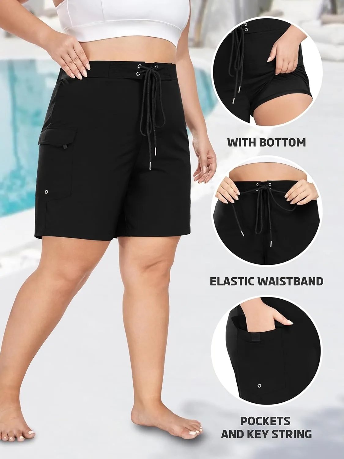 FOREYOND Women's Plus Size Board Shorts Quick Dry Swim Shorts High Waisted Swim Pants with Pockets Liner Trunks