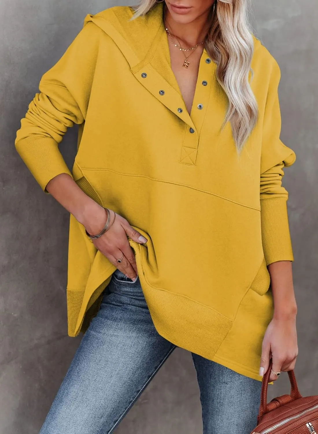 GLIENST Womens Casual Tunic Button Down V Neck Hoodies Oversized Pullover Sweatshirts Hooded Tops with Pockets