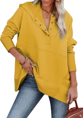 GLIENST Womens Casual Tunic Button Down V Neck Hoodies Oversized Pullover Sweatshirts Hooded Tops with Pockets