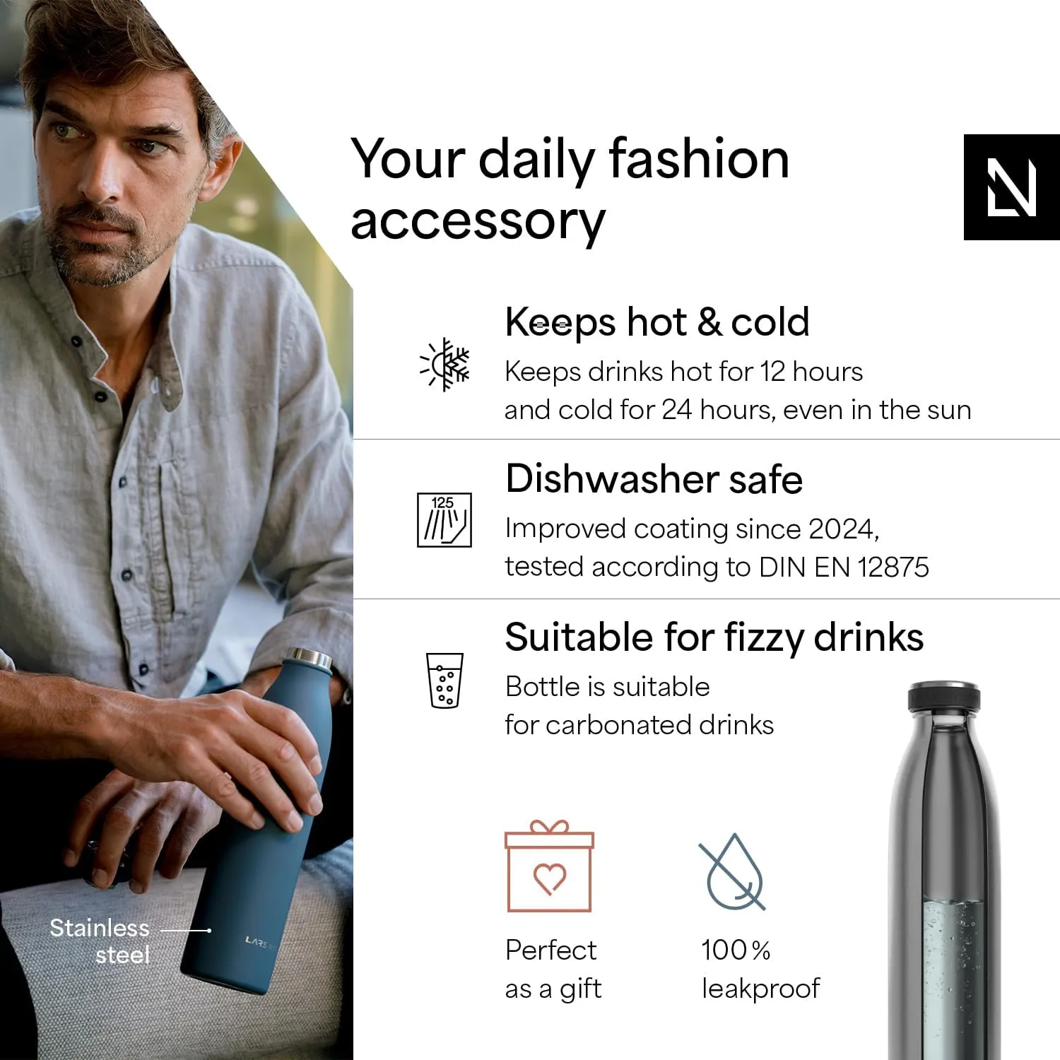 LARS NYSM Stainless Steel Insulated Water Bottle 12oz 17oz 25oz 34oz 51oz | Insulated Thermo Flask for Hot and Cold Beverages | Leakproof Drinking Bottle (Stainless Steel, 17oz)