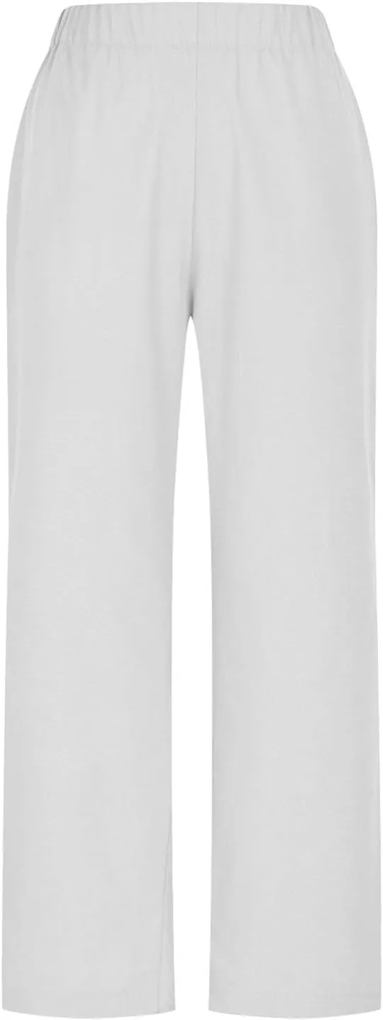 Linen Pants for Women Solid Color Straight Elastic Pant Long Drawstring Waist Cotton Casual Slit Plus Size Trousers