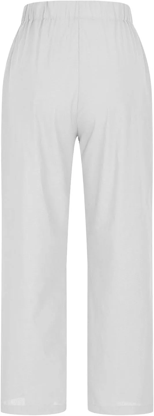 Linen Pants for Women Solid Color Straight Elastic Pant Long Drawstring Waist Cotton Casual Slit Plus Size Trousers