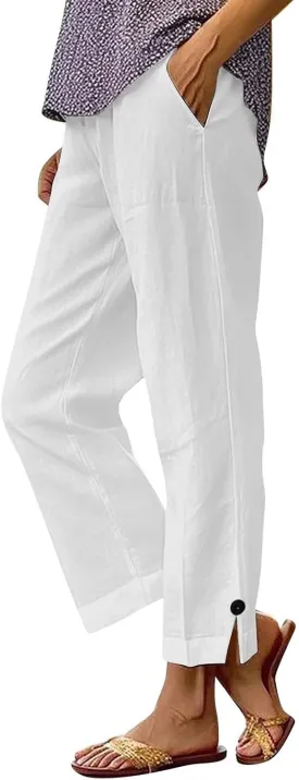 Linen Pants for Women Solid Color Straight Elastic Pant Long Drawstring Waist Cotton Casual Slit Plus Size Trousers