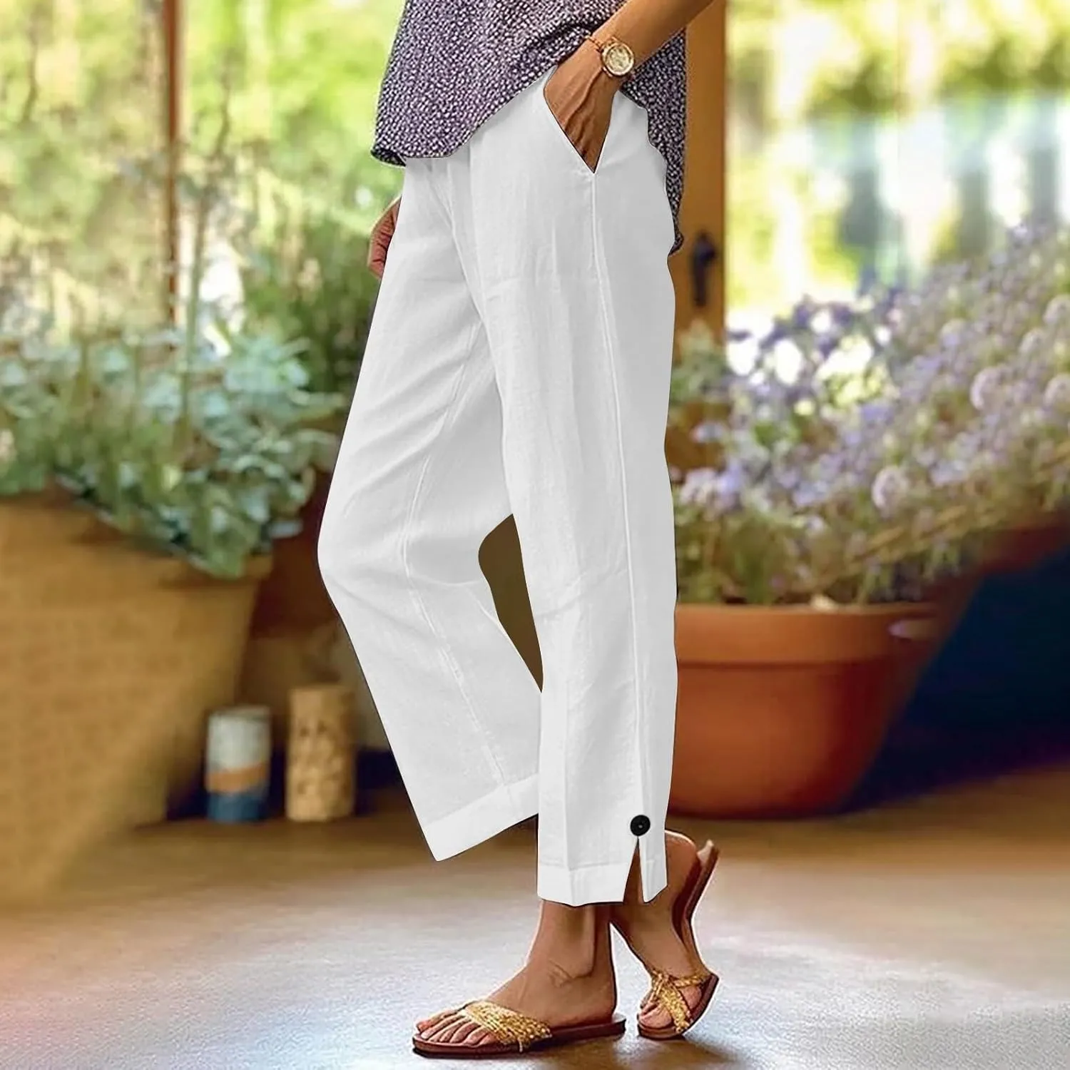 Linen Pants for Women Solid Color Straight Elastic Pant Long Drawstring Waist Cotton Casual Slit Plus Size Trousers