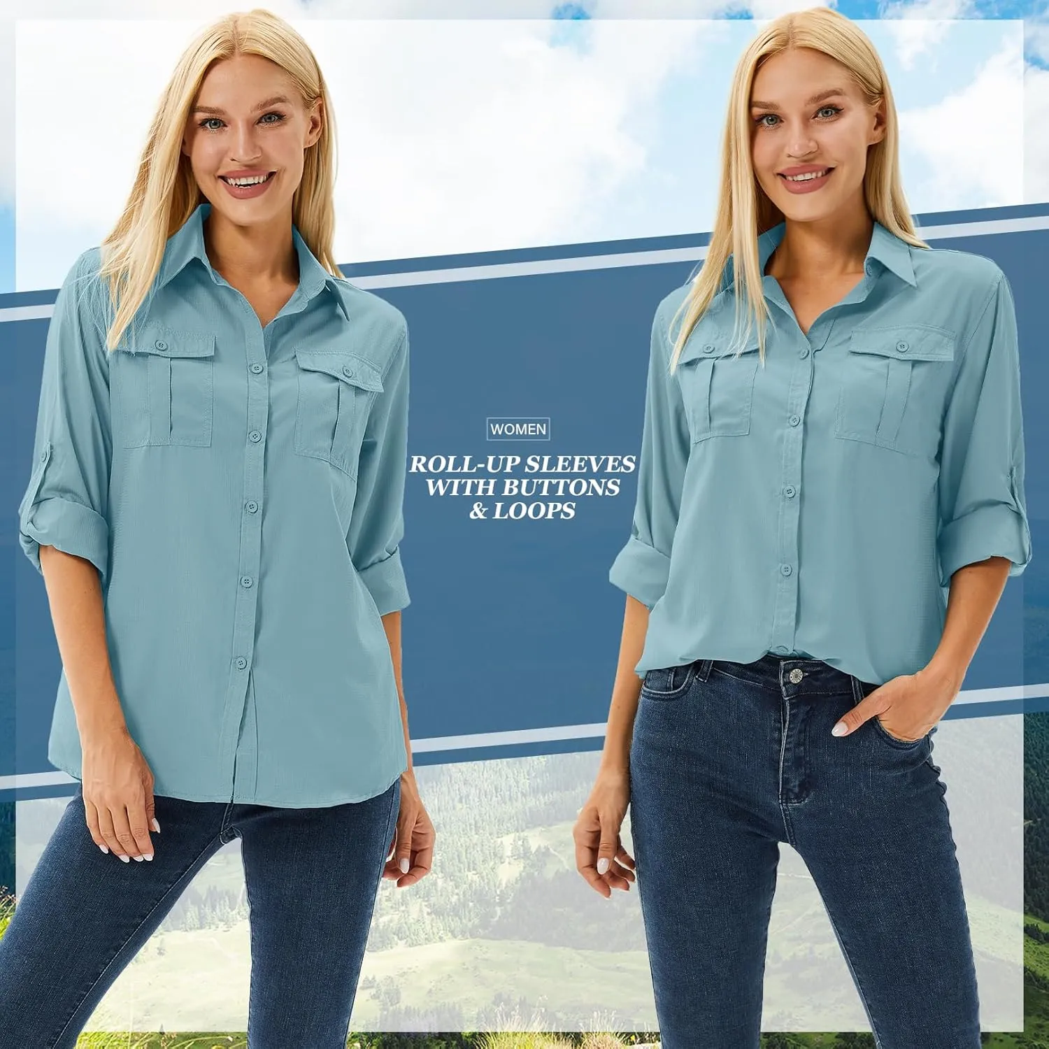 linlon Womens Safari Shirts Long Sleeve UV Protection Hiking Fishing UPF 50  Quick Dry Cooling Camping Travel Shirts