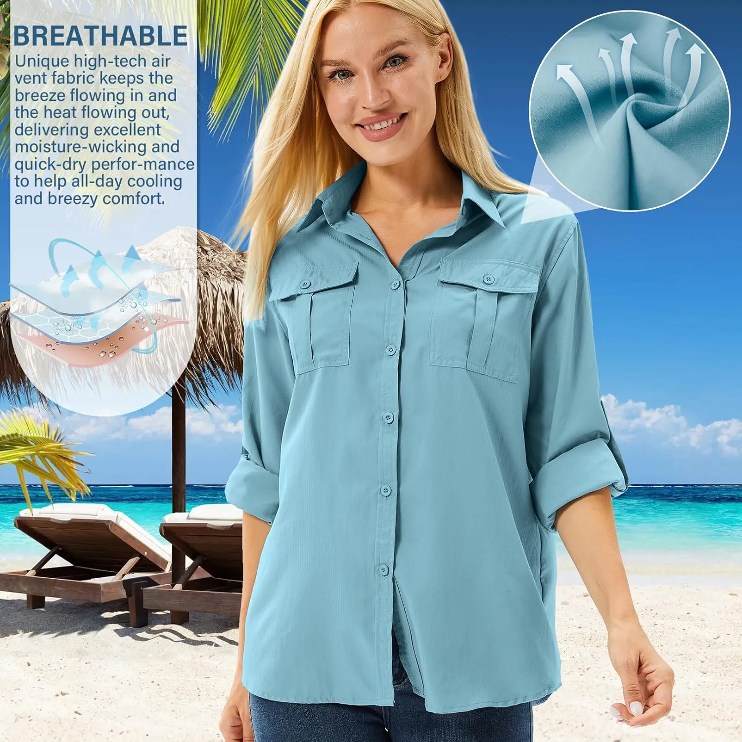 linlon Womens Safari Shirts Long Sleeve UV Protection Hiking Fishing UPF 50  Quick Dry Cooling Camping Travel Shirts