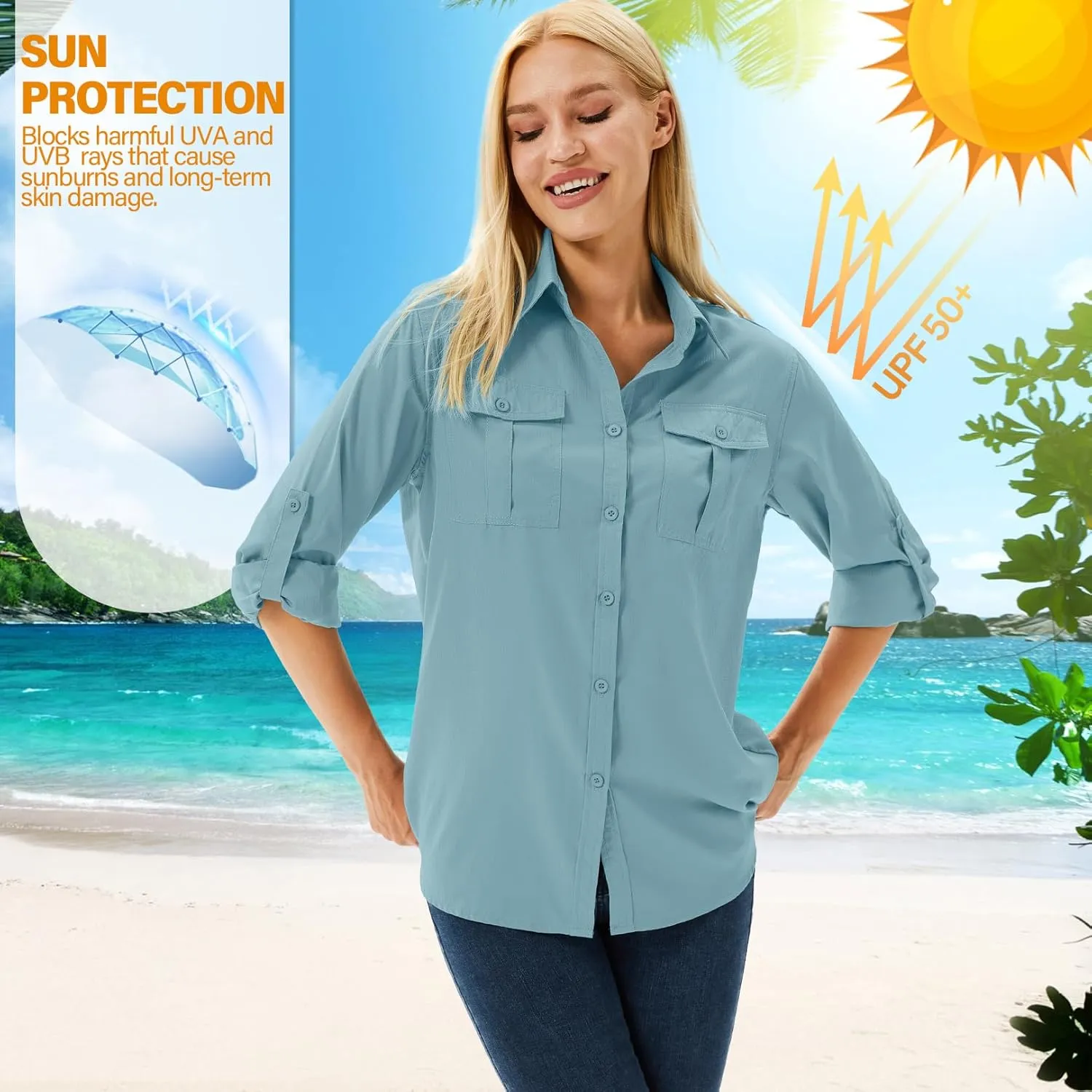 linlon Womens Safari Shirts Long Sleeve UV Protection Hiking Fishing UPF 50  Quick Dry Cooling Camping Travel Shirts