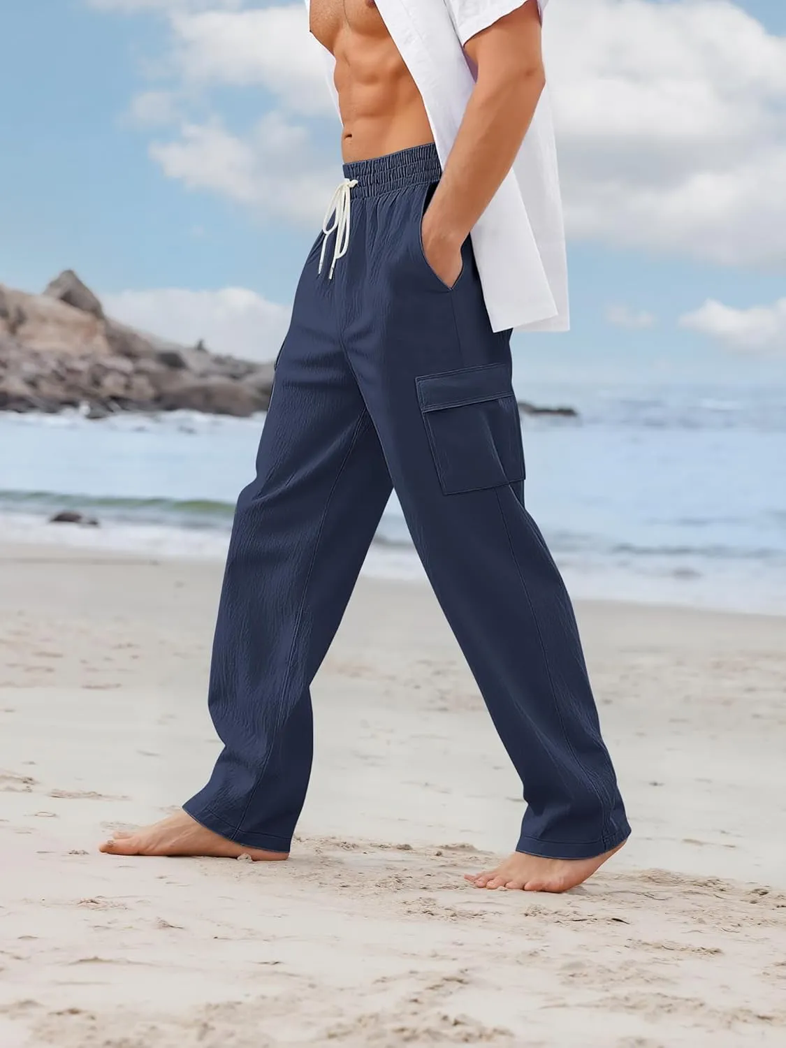 Mens Linen Pants Casual Summer Beach Pants Lightweight Drawstring Yoga Trousers Vacation Cargo Pants with Pockets