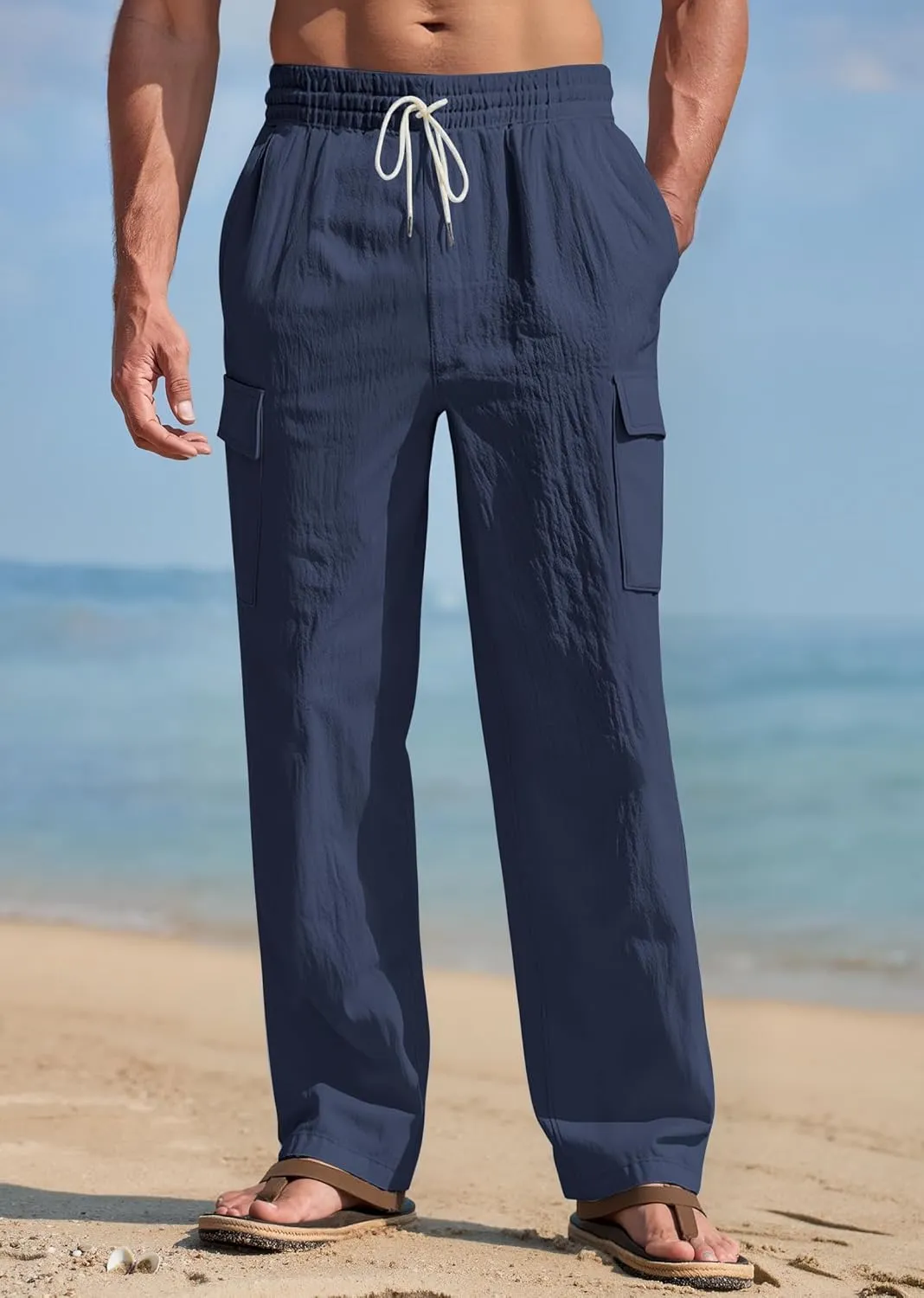 Mens Linen Pants Casual Summer Beach Pants Lightweight Drawstring Yoga Trousers Vacation Cargo Pants with Pockets