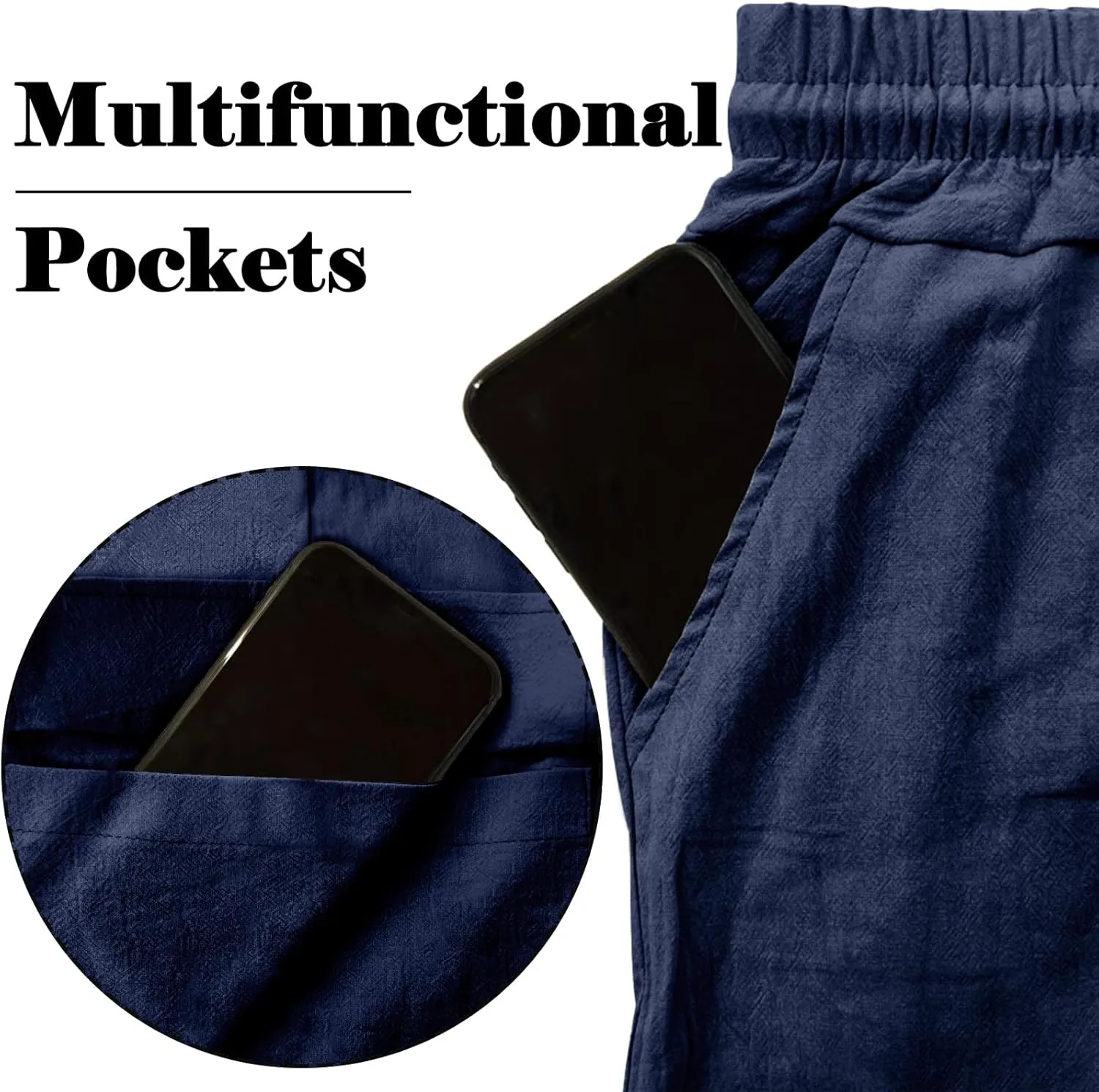 Mens Linen Pants Casual Summer Beach Pants Lightweight Drawstring Yoga Trousers Vacation Cargo Pants with Pockets