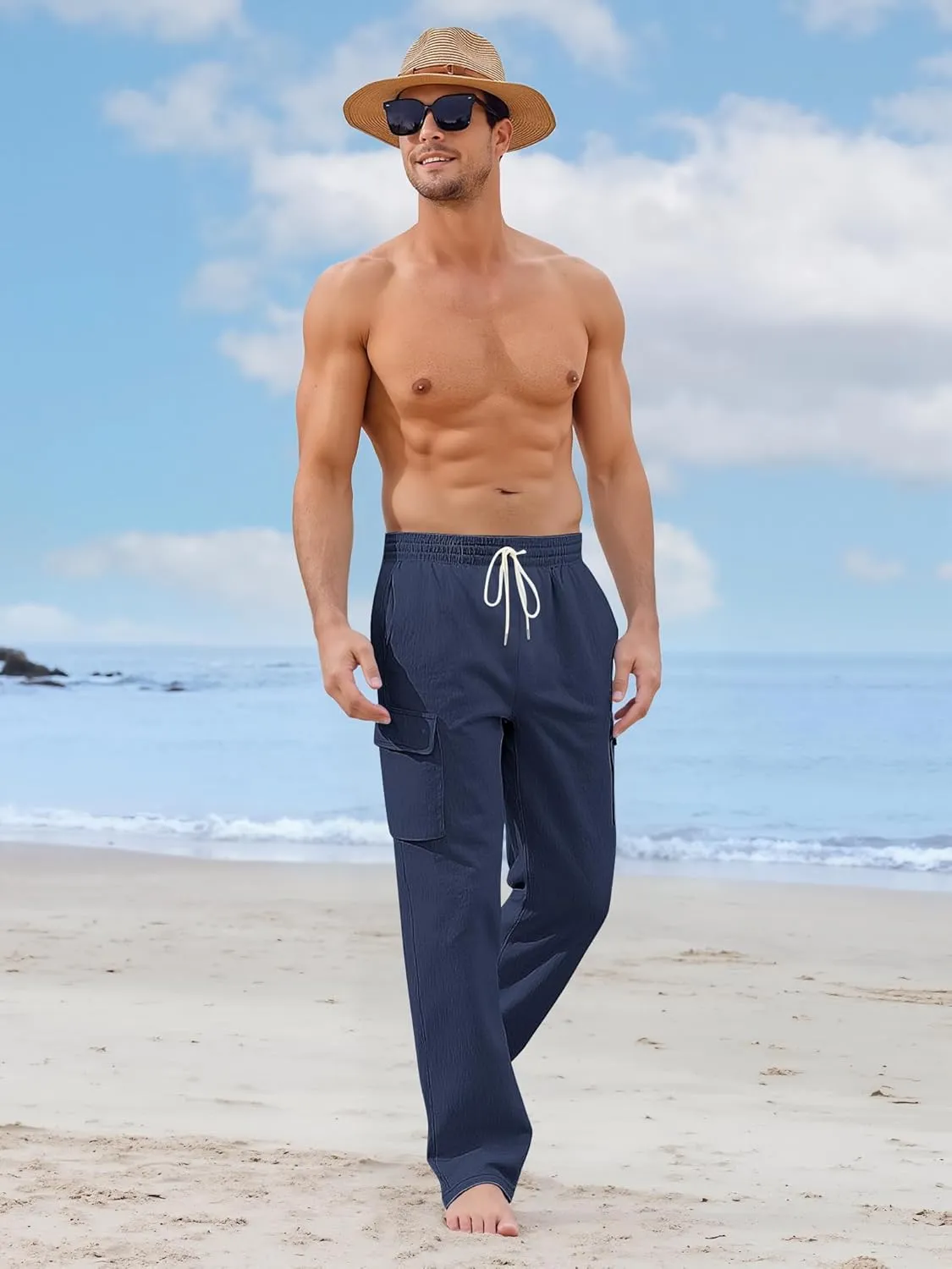 Mens Linen Pants Casual Summer Beach Pants Lightweight Drawstring Yoga Trousers Vacation Cargo Pants with Pockets