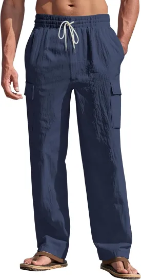 Mens Linen Pants Casual Summer Beach Pants Lightweight Drawstring Yoga Trousers Vacation Cargo Pants with Pockets