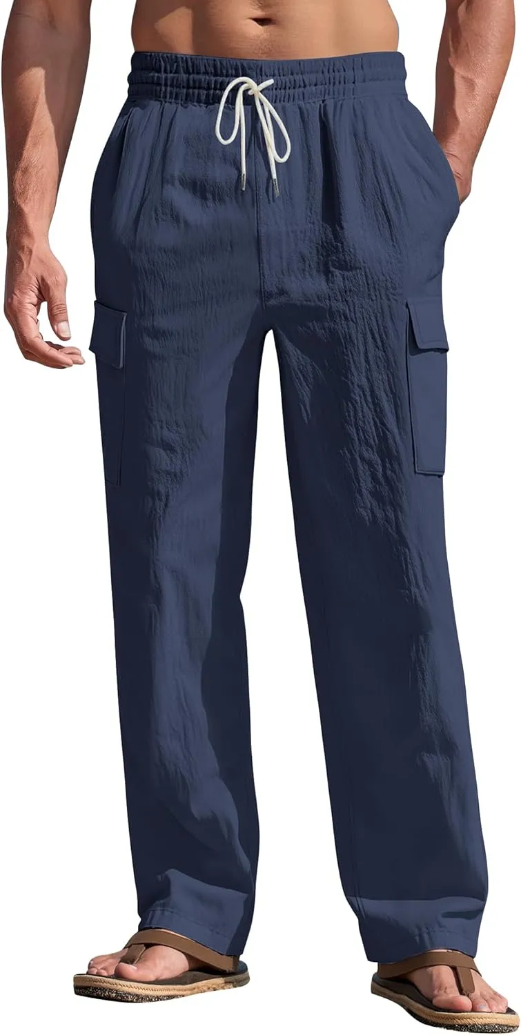Mens Linen Pants Casual Summer Beach Pants Lightweight Drawstring Yoga Trousers Vacation Cargo Pants with Pockets