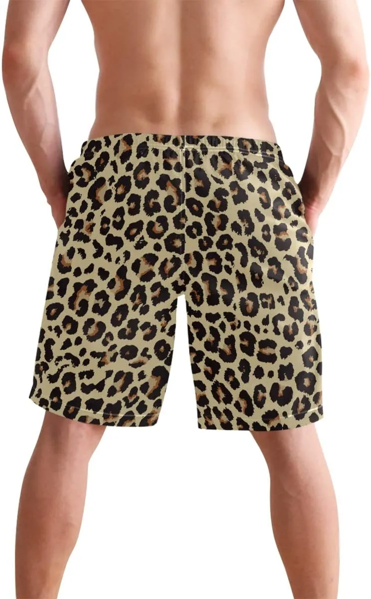 Mens Swim Trunks Leopard Beach Board Shorts Quick Dry Swim Shorts with Pockets