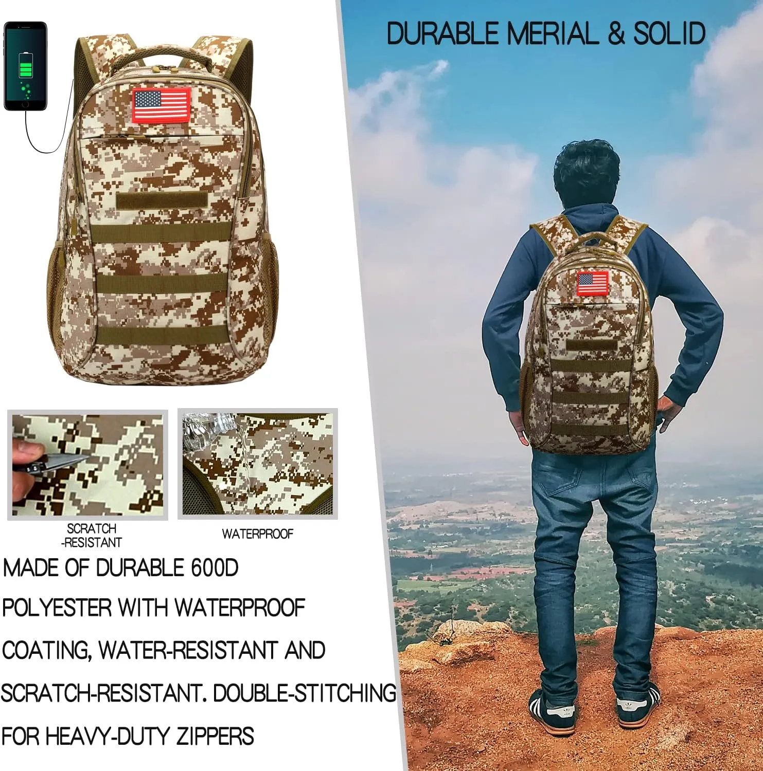 outdoor plus Camo Backpack for Boys,Military Teen Backpack with USB Port, Army Bookbag for School