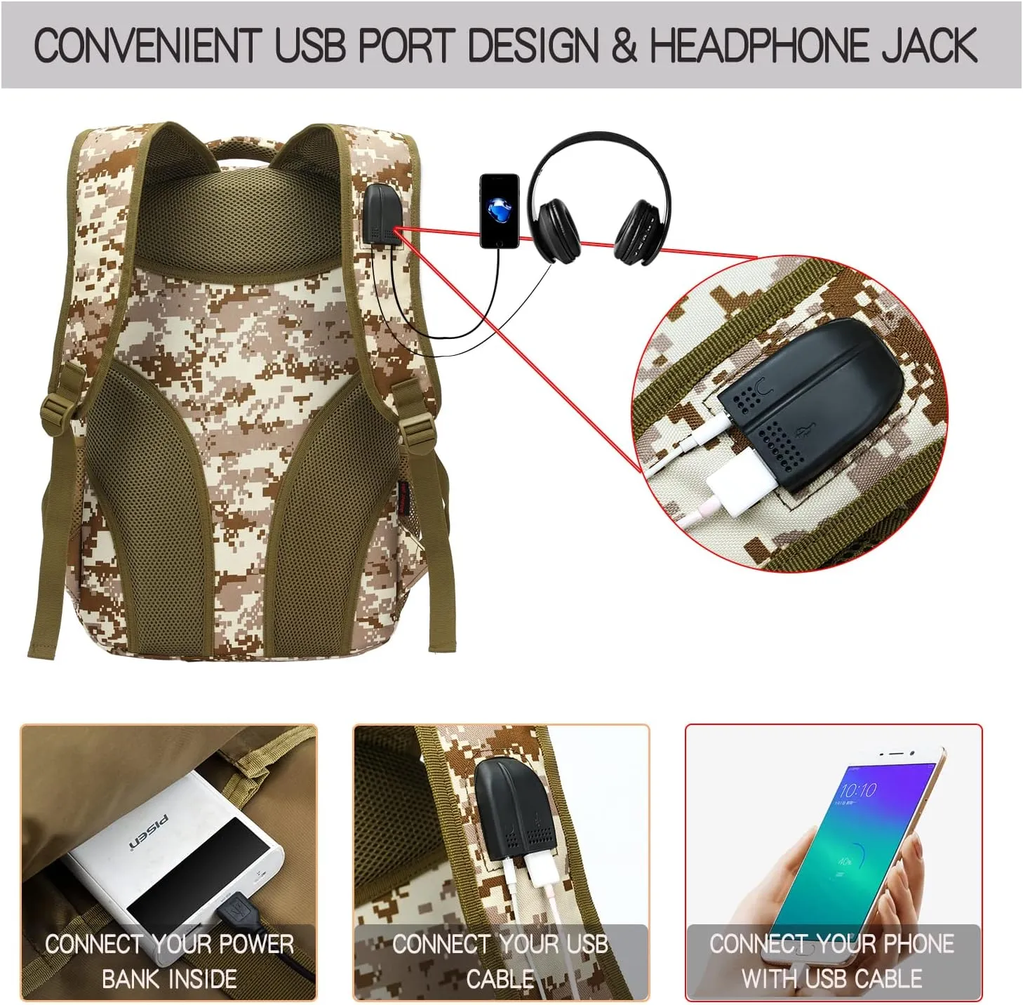 outdoor plus Camo Backpack for Boys,Military Teen Backpack with USB Port, Army Bookbag for School