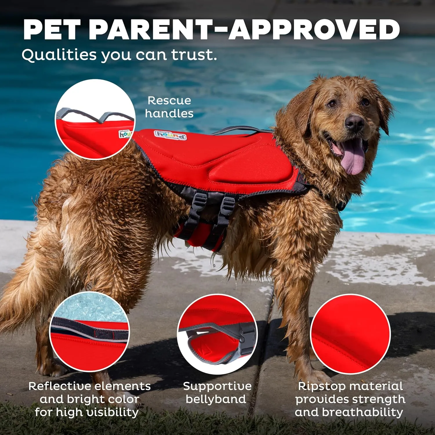 Outward Hound Dawson Swim Dog Life Jacket, High-Performance Neoprene Dog Life Vest for Swimming, Boating, and Water Safety, XL, Red