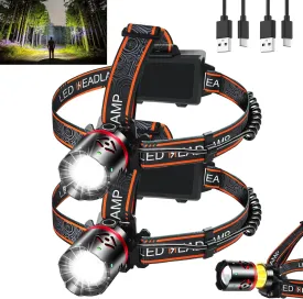 Rechargeable Headlamp 2 Pack, 5000LM Super Bright LED Headlight with 90 Adjustable Beam, IPX4 Waterproof, 4 Modes Zoomable Head Lamp for Camping, Hiking, Hunting, Running, Cycling, Emergency