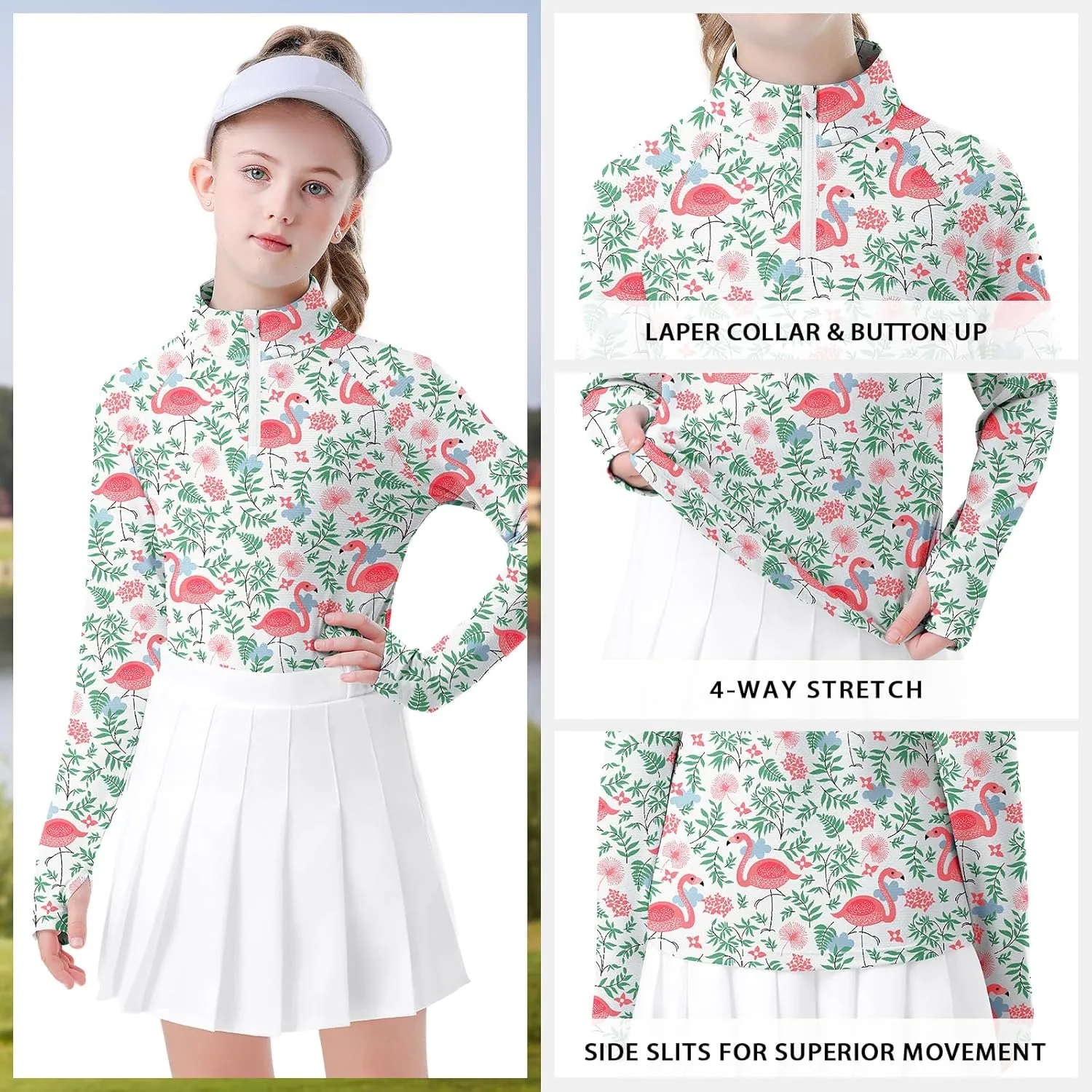 Soneven Girls Long Sleeve Golf Polo Shirts Quick Dry UPF50  Equestrian Tennis Tops with Thumb Holes for Age 5-16 Years