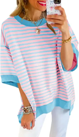 Tankaneo Womens Oversized T Shirts Striped Color Block Cotton Tops Summer Casual Half Sleeve Loose Fit Crewneck Sweatshirts
