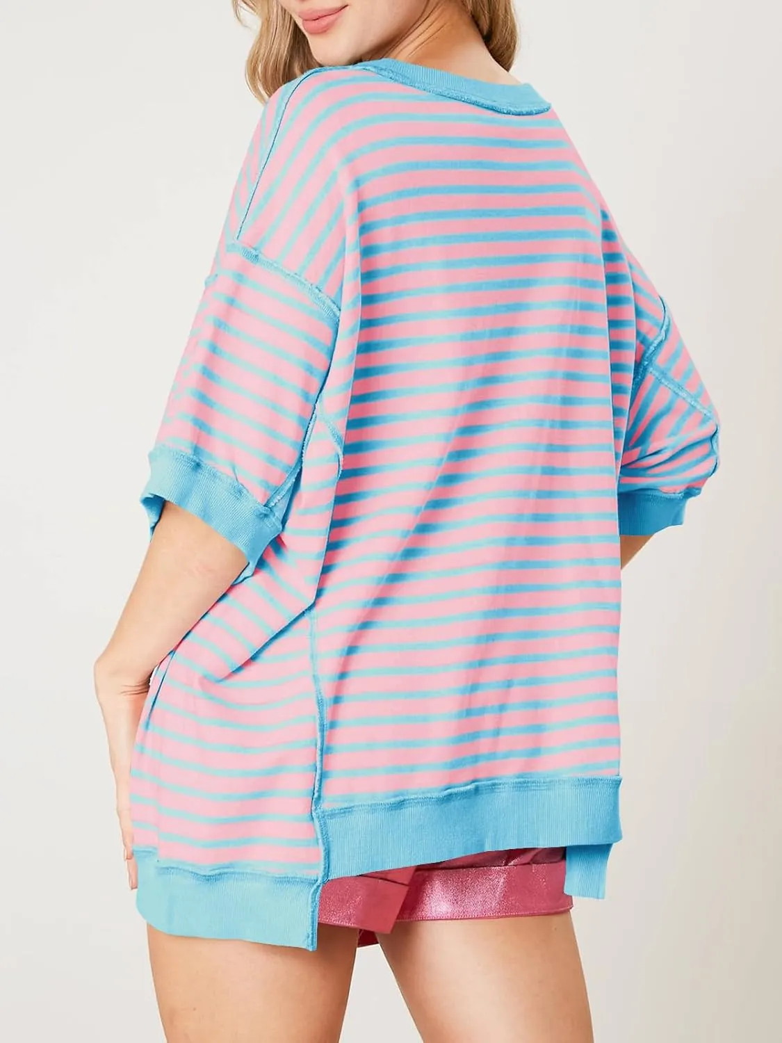 Tankaneo Womens Oversized T Shirts Striped Color Block Cotton Tops Summer Casual Half Sleeve Loose Fit Crewneck Sweatshirts