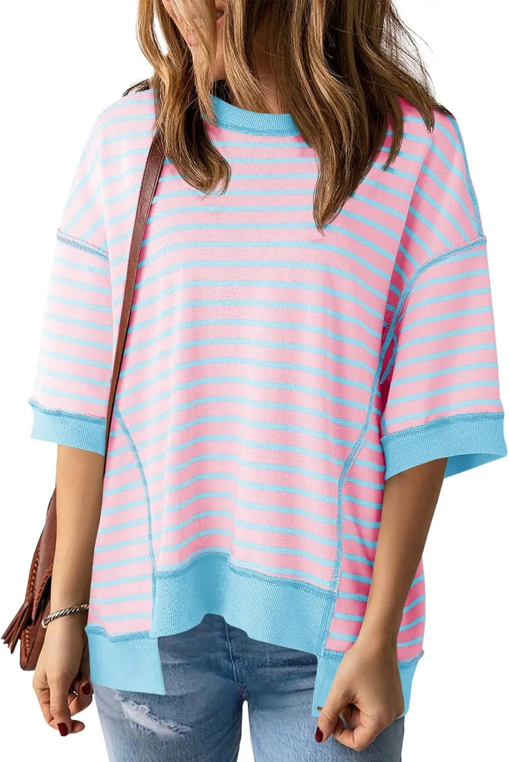 Tankaneo Womens Oversized T Shirts Striped Color Block Cotton Tops Summer Casual Half Sleeve Loose Fit Crewneck Sweatshirts
