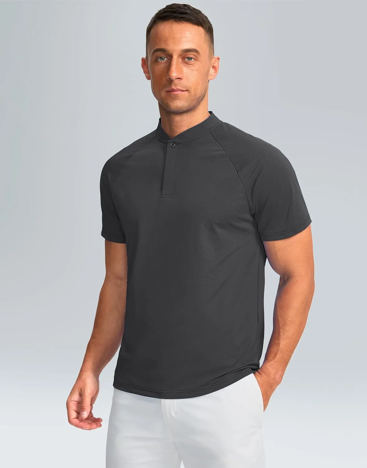 Viodia Mens Golf Shirts Henley Collarless Quick Dry Summer Shirt Casual Short Sleeve Moisture Wicking Polo T Shirts