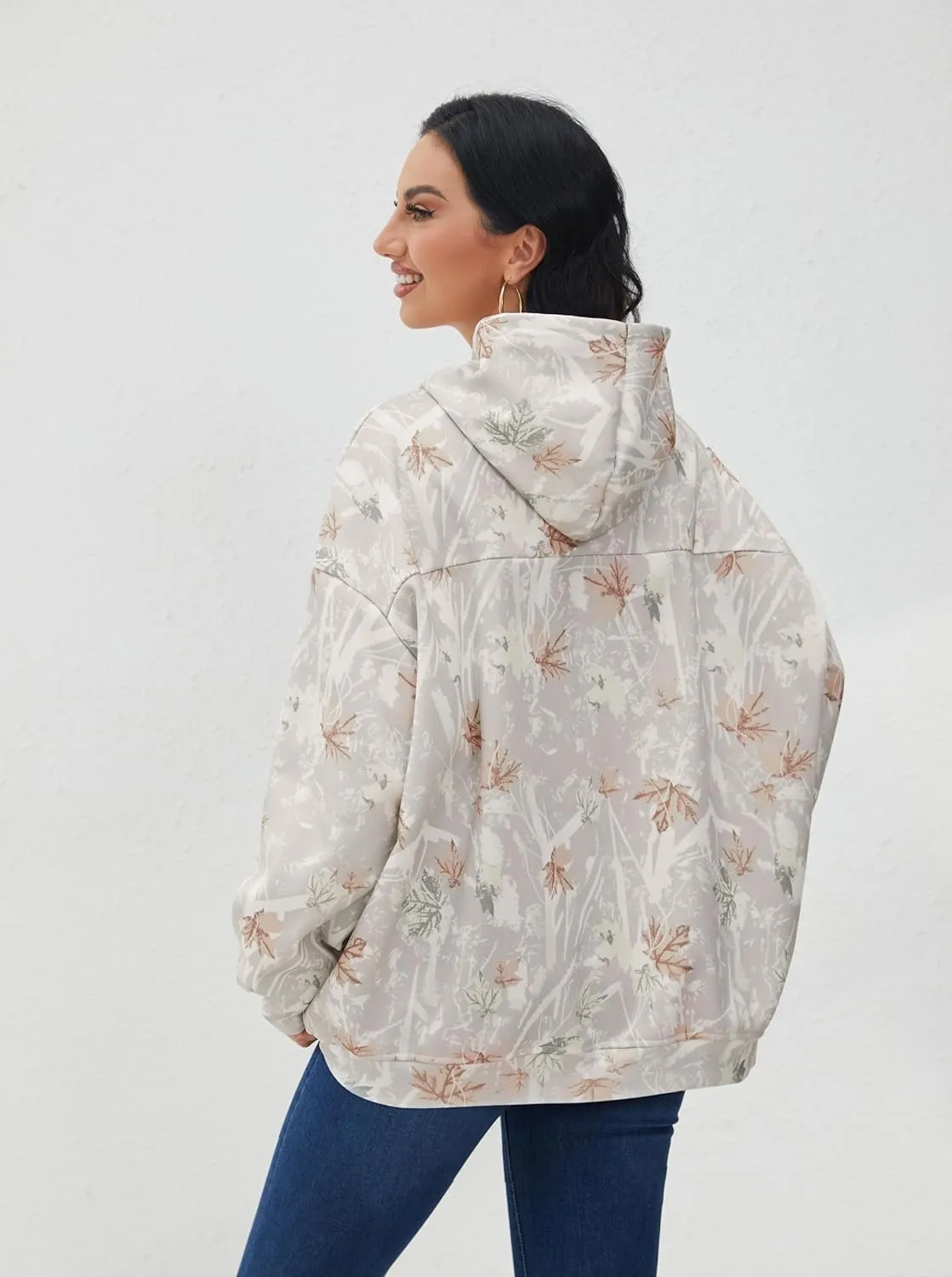 Women Camo Hoodies Oversized Maple Leaf Fleece Hooded Sweatshirt Long Sleeve Fall Trendy Pullover Hoodie with Pocket