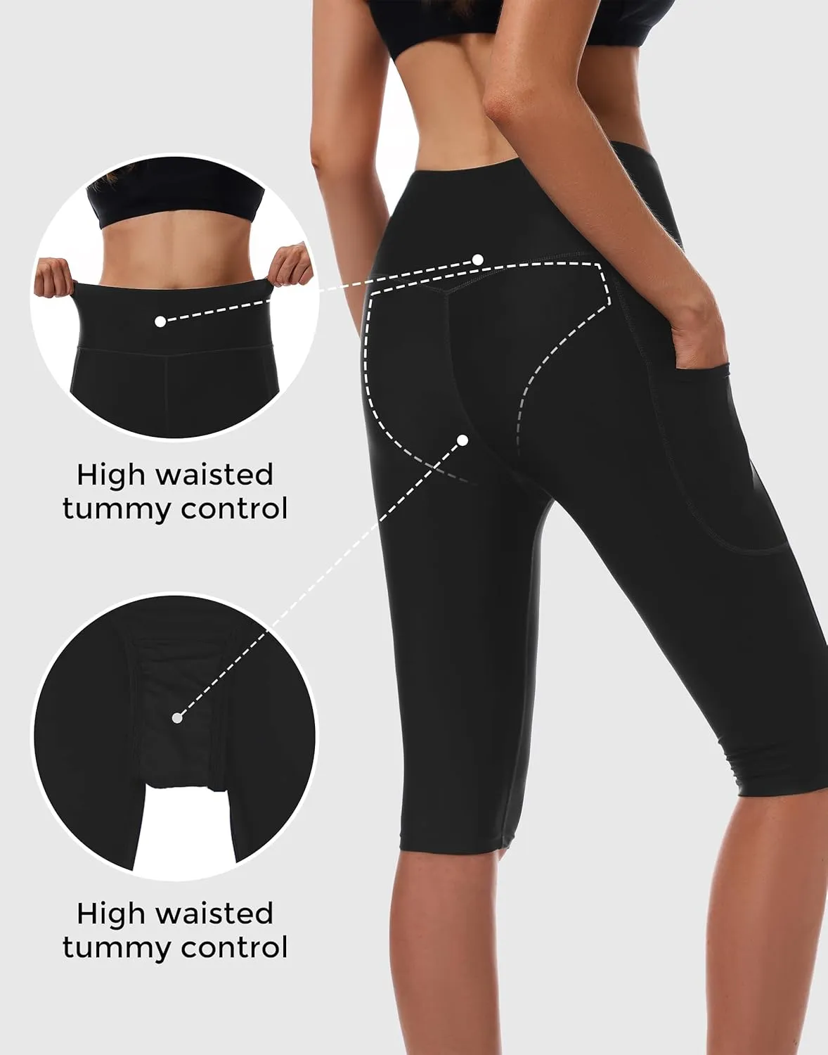 Womens UPF50  Swim Capris High Waisted Swim Pants Tummy Control Knee Length Long Swim Shorts with Pockets Quick Dry